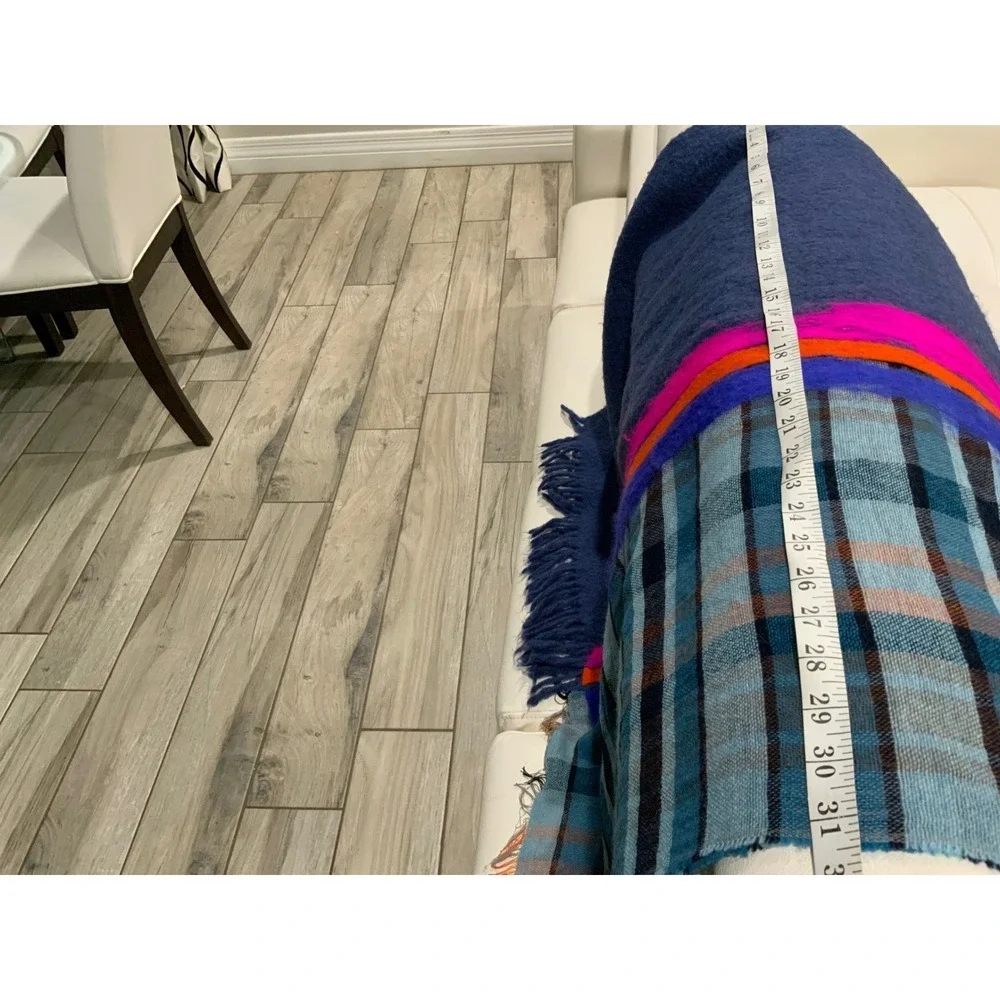 Made in Italy Mixed Media Wool Blanket Blue Neon Pink Orange Fringe Wrap Style